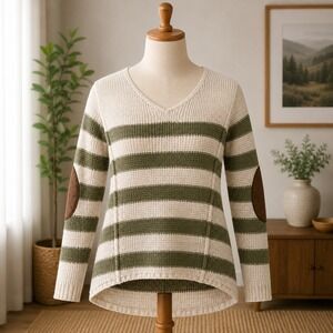 NWT RDI Striped V-Neck Sweater Womens Large Olive White Elbow Patches 76S685N